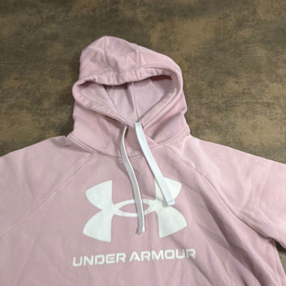 Under Armour Short Sleeve Hoodie Womens Small Pink Logo Fleece Pullover 6387